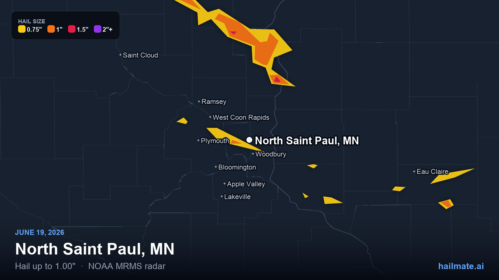 Hail swath map for North Saint Paul, MN on June 19, 2026 showing 1.00 inch hail.