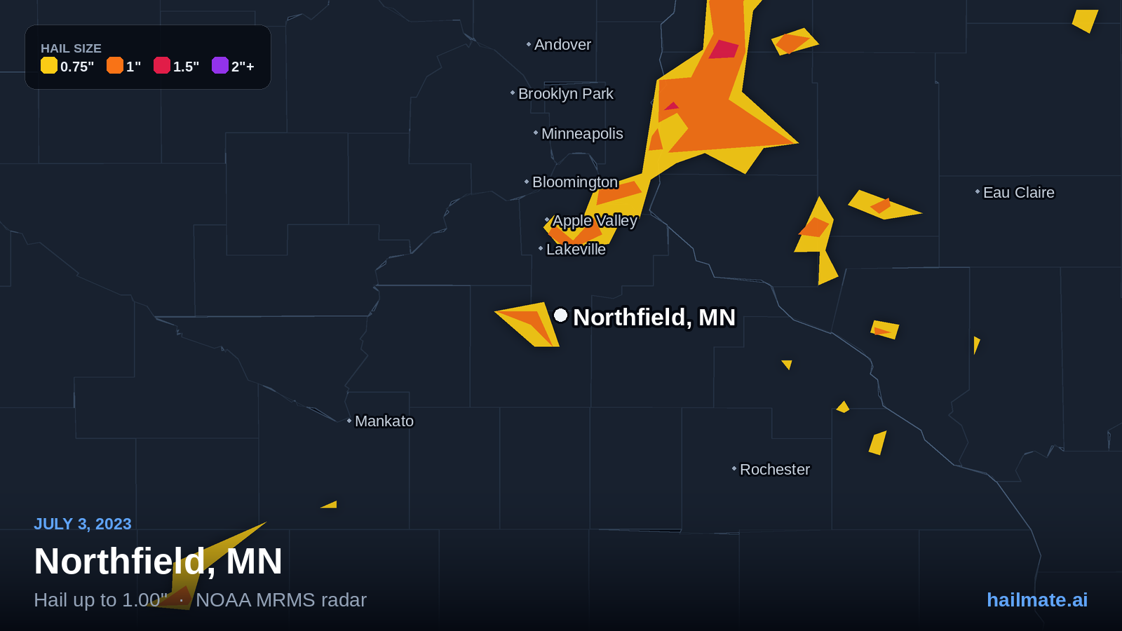 Hail swath map for Northfield, MN on July 3, 2023 showing 1.00 inch hail.