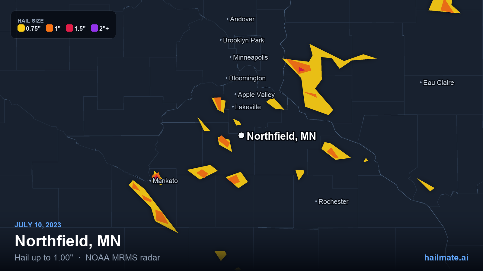 Hail swath map for Northfield, MN on July 10, 2023 showing 1.00 inch hail.