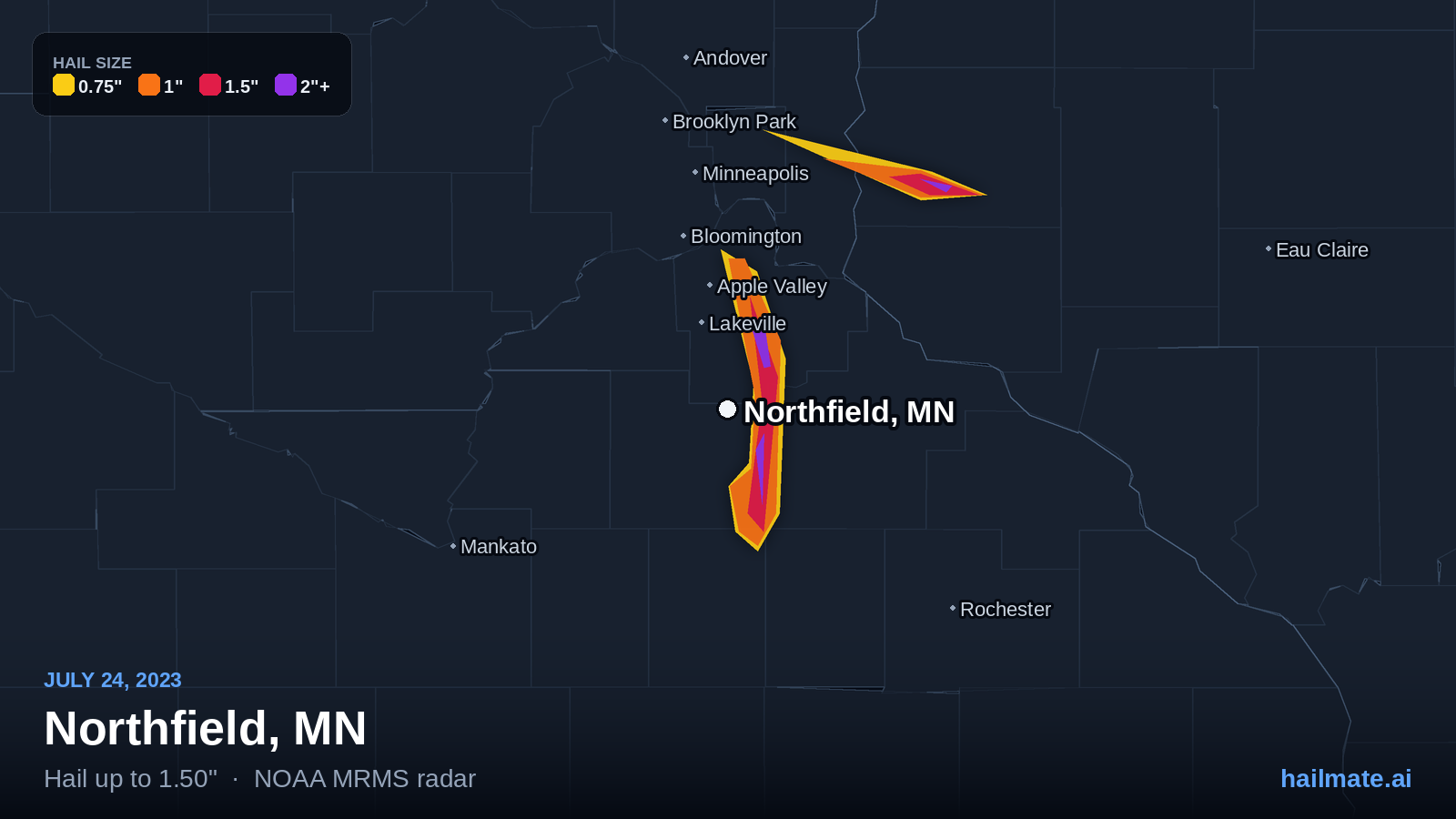 Hail swath map for Northfield, MN on July 24, 2023 showing 1.50 inch hail.