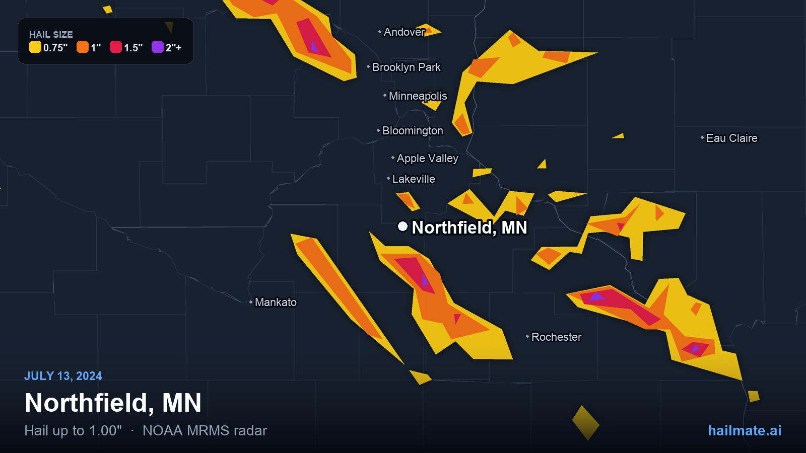 Hail swath map for Northfield, MN on July 13, 2024 showing 1.00 inch hail.