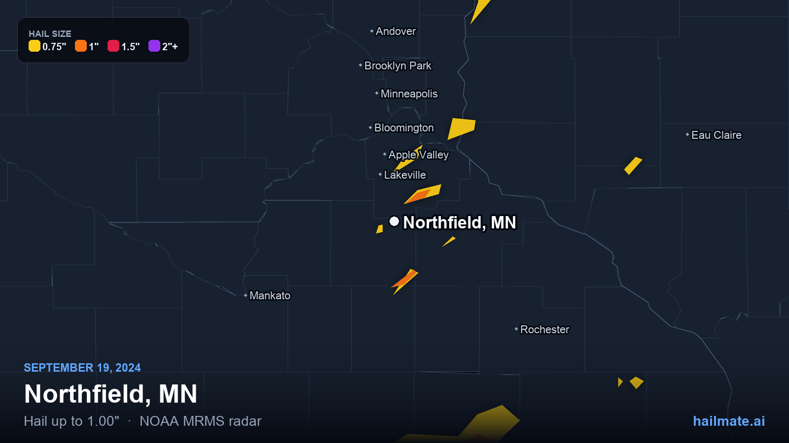 Hail swath map for Northfield, MN on September 19, 2024 showing 1.00 inch hail.