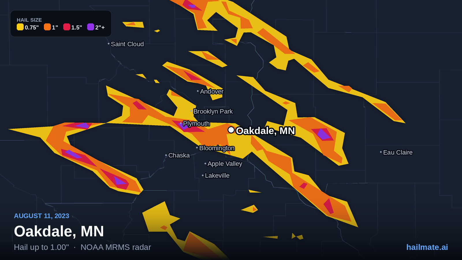 Hail swath map for Oakdale, MN on August 11, 2023 showing 1.00 inch hail.
