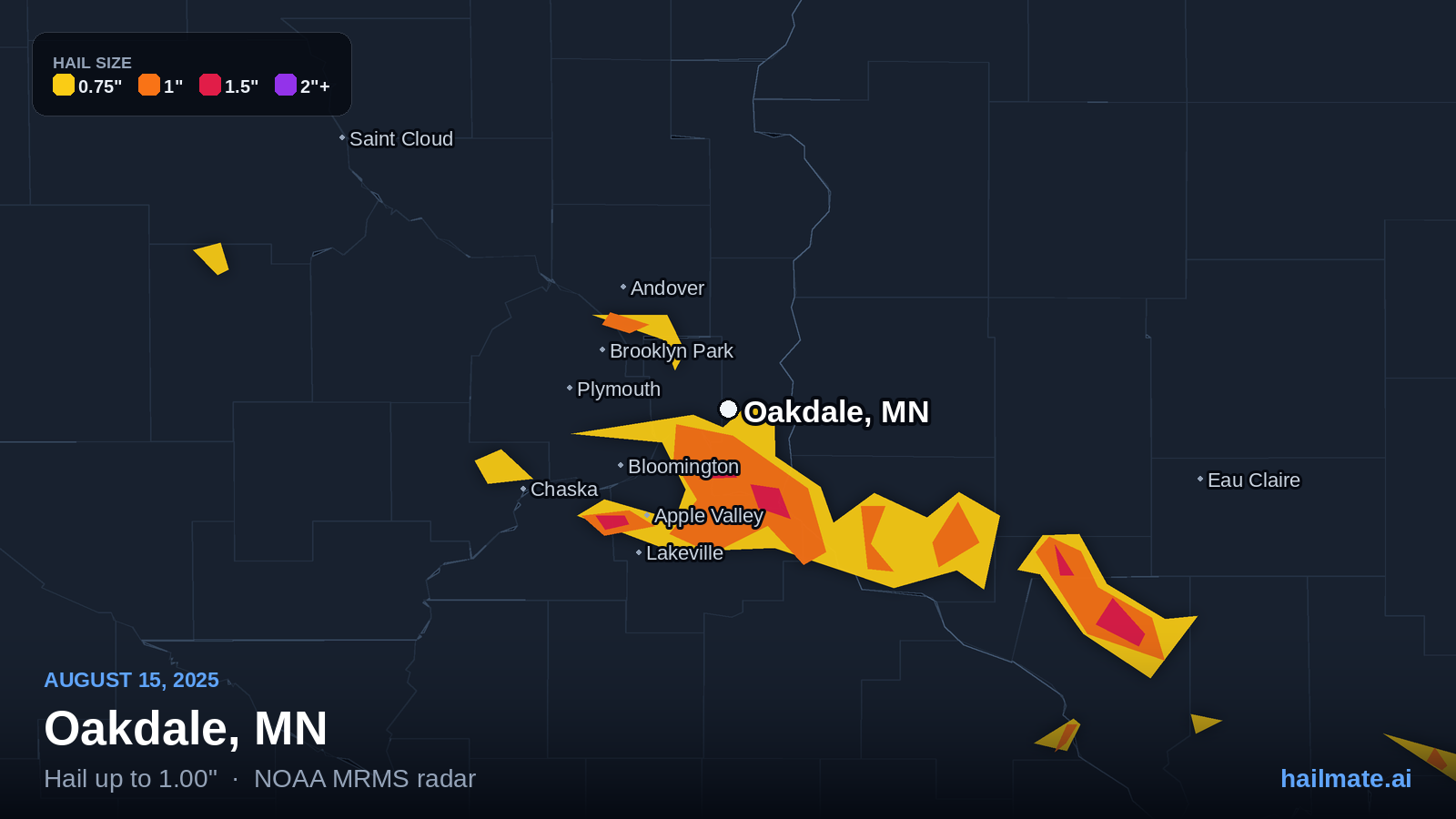 Hail swath map for Oakdale, MN on August 15, 2025 showing 1.00 inch hail.