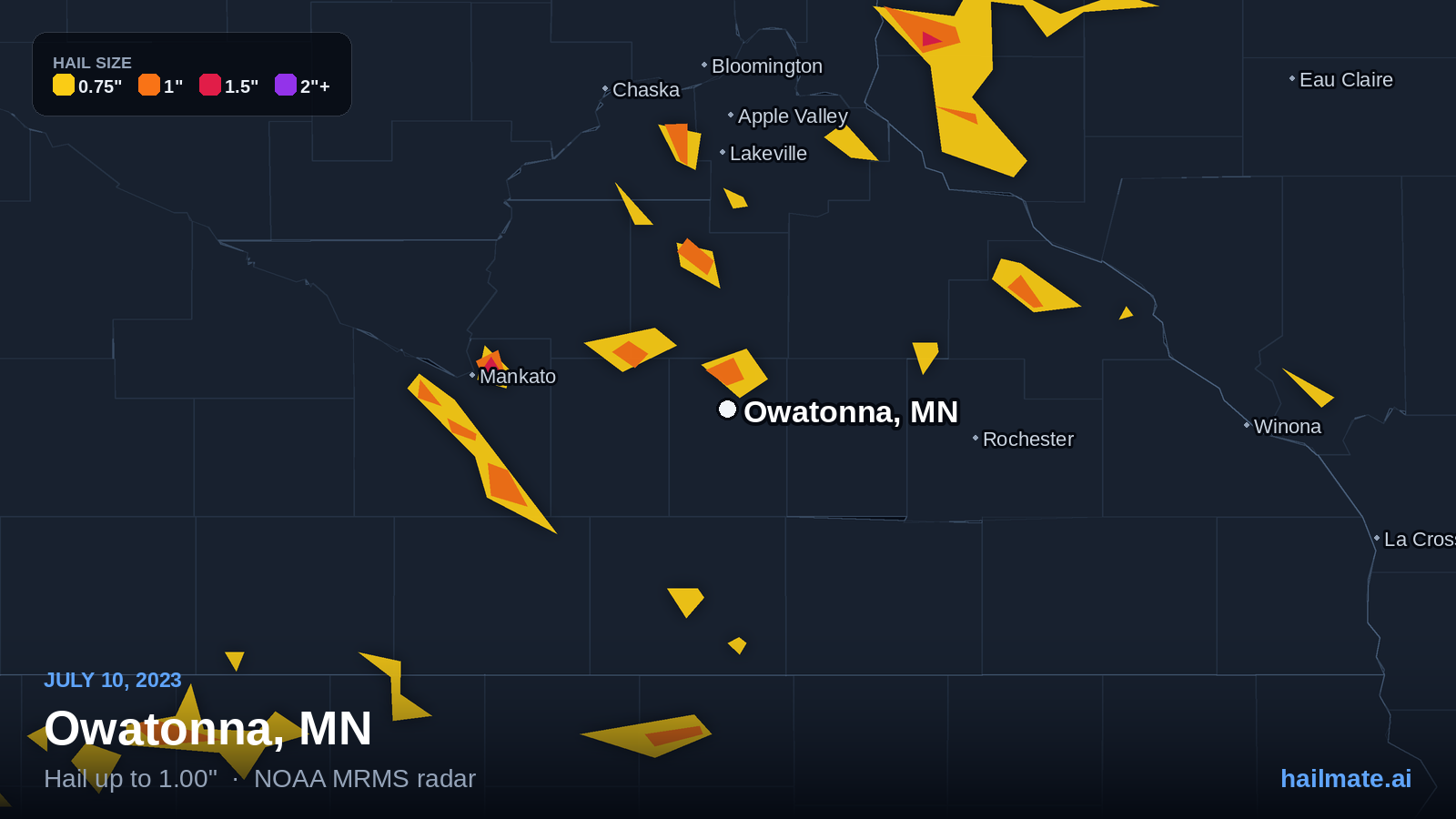 Hail swath map for Owatonna, MN on July 10, 2023 showing 1.00 inch hail.