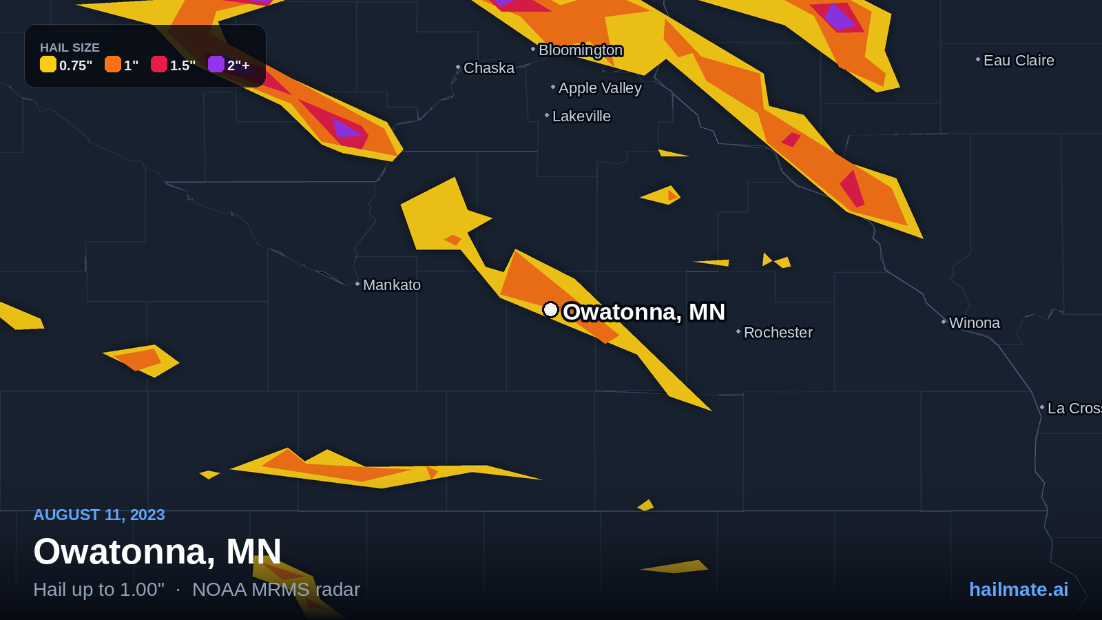 Hail swath map for Owatonna, MN on August 11, 2023 showing 1.00 inch hail.