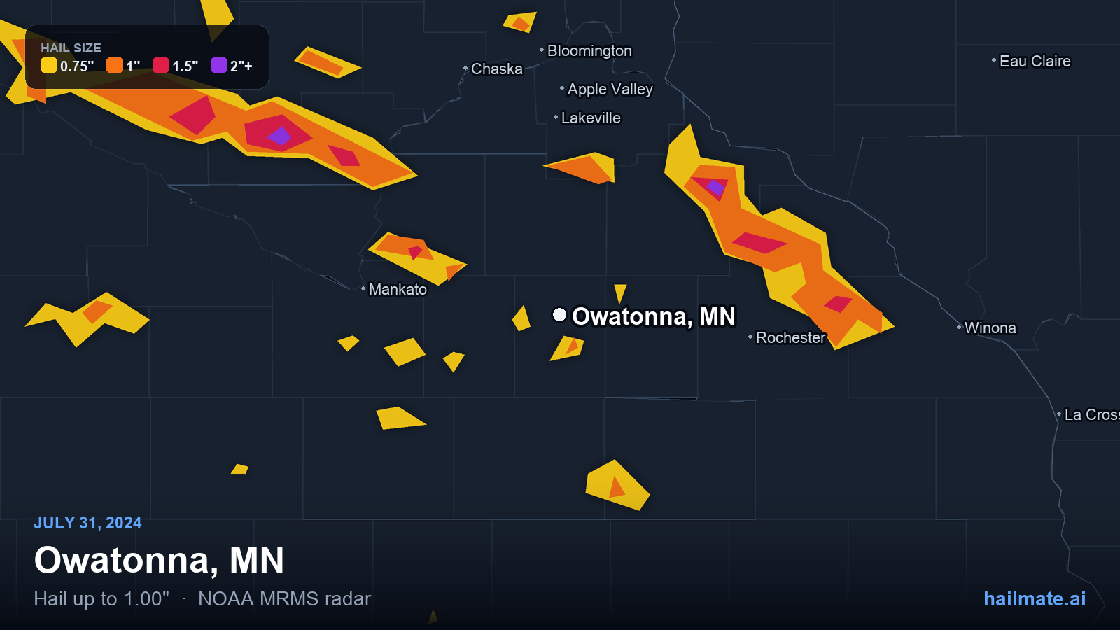 Hail swath map for Owatonna, MN on July 31, 2024 showing 1.00 inch hail.
