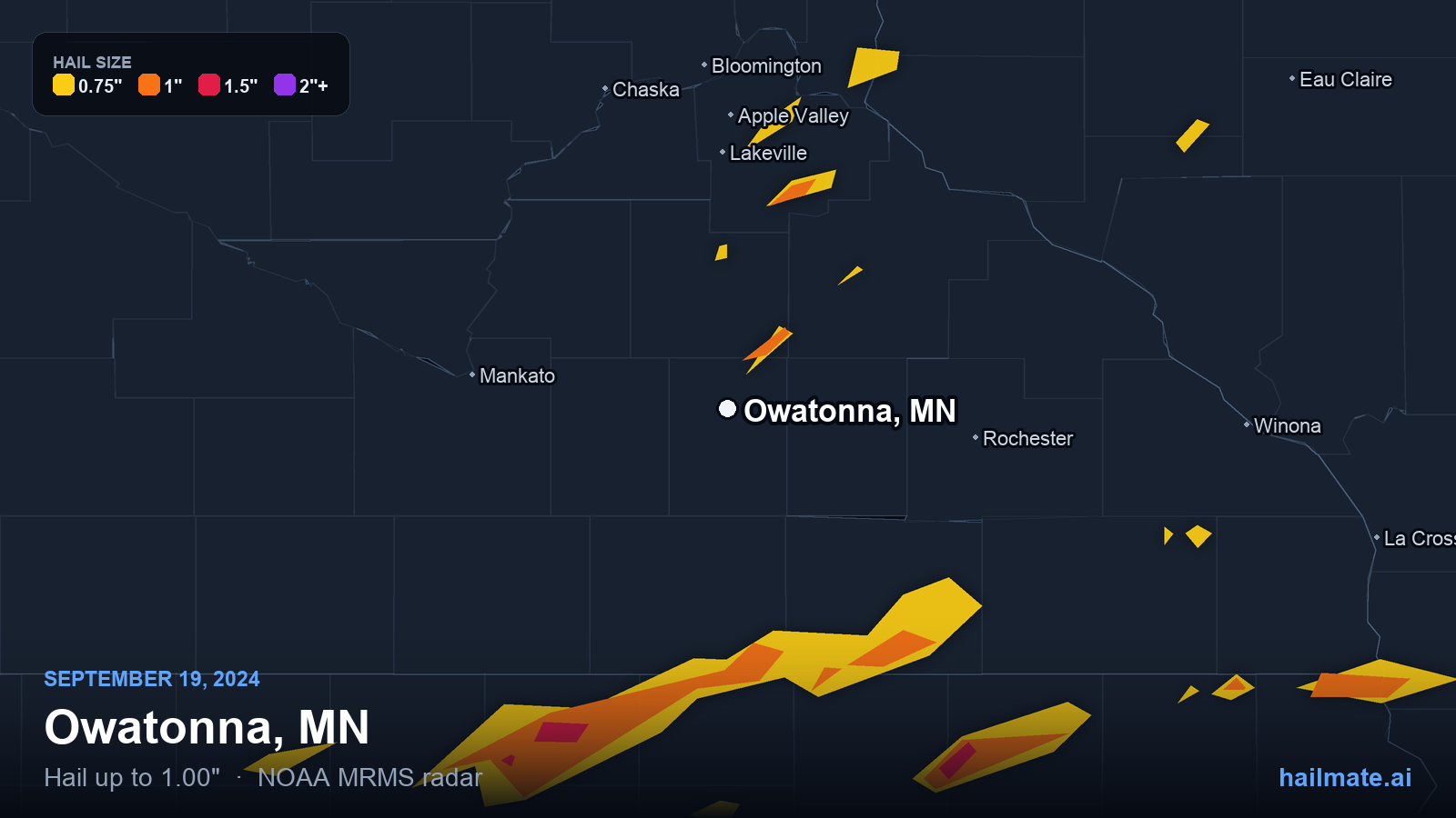 Hail swath map for Owatonna, MN on September 19, 2024 showing 1.00 inch hail.