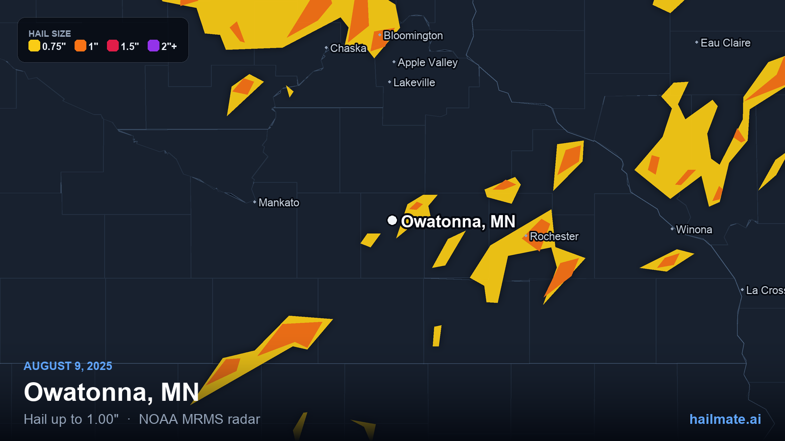 Hail swath map for Owatonna, MN on August 9, 2025 showing 1.00 inch hail.