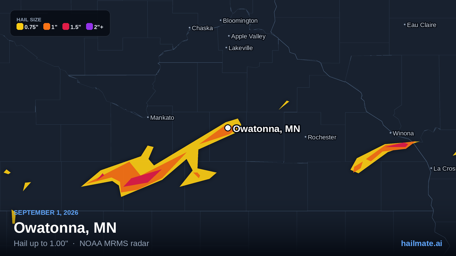 Hail swath map for Owatonna, MN on September 1, 2026 showing 1.00 inch hail.