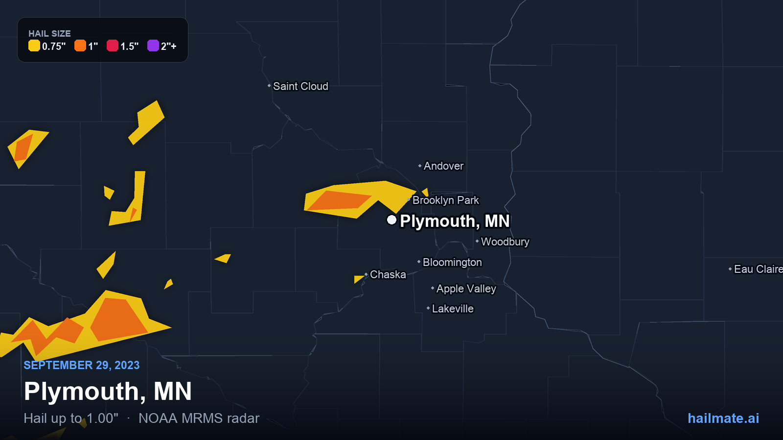 Hail swath map for Plymouth, MN on September 29, 2023 showing 1.00 inch hail.