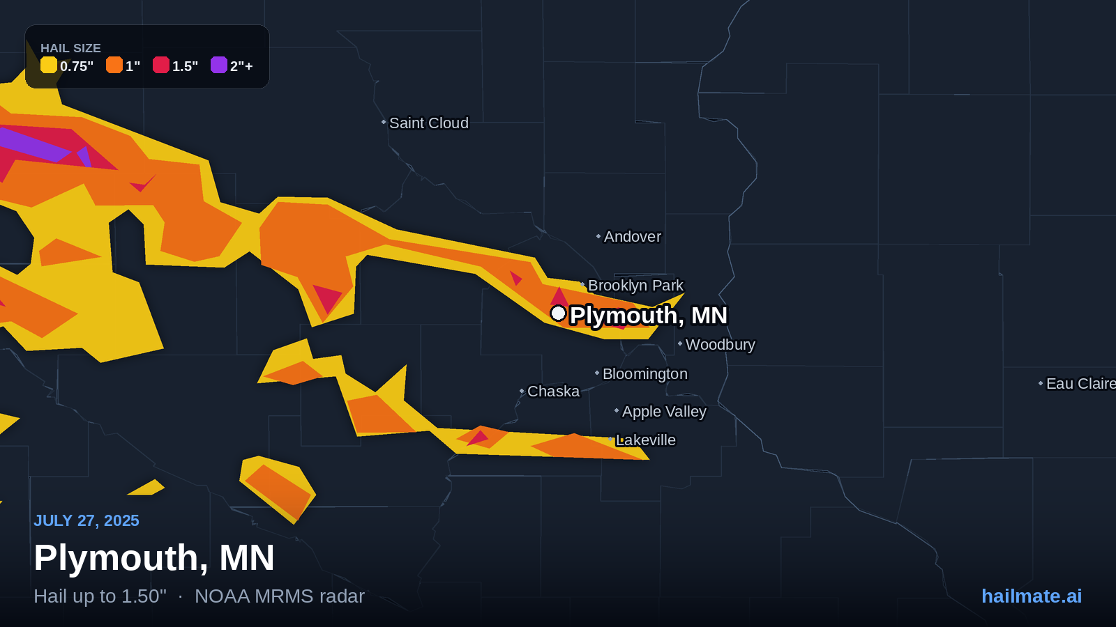 Hail swath map for Plymouth, MN on July 27, 2025 showing 1.50 inch hail.