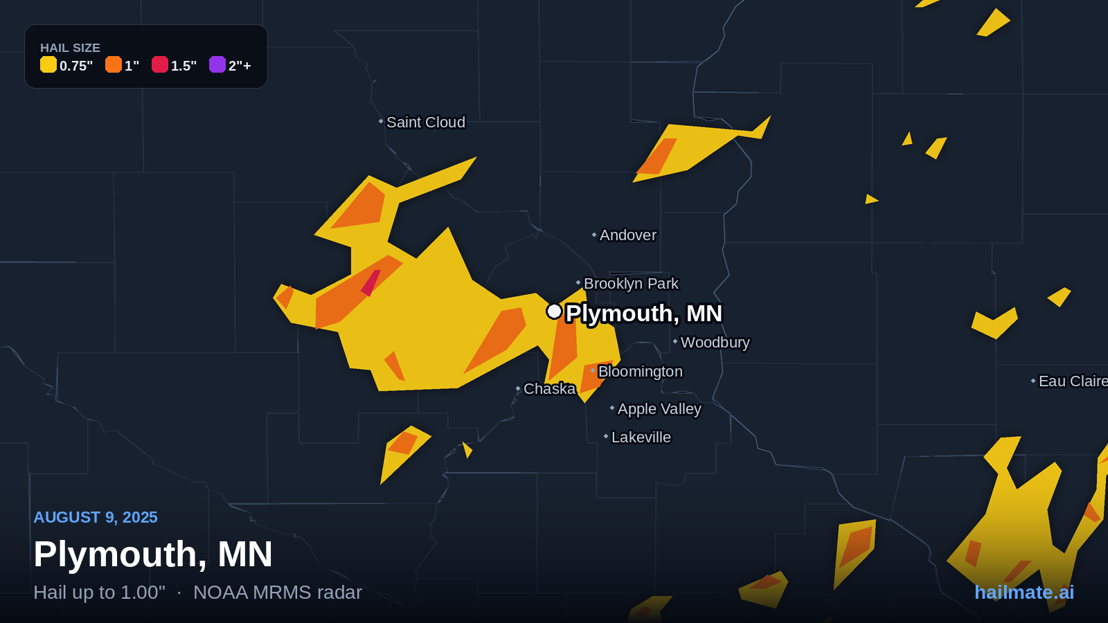 Hail swath map for Plymouth, MN on August 9, 2025 showing 1.00 inch hail.