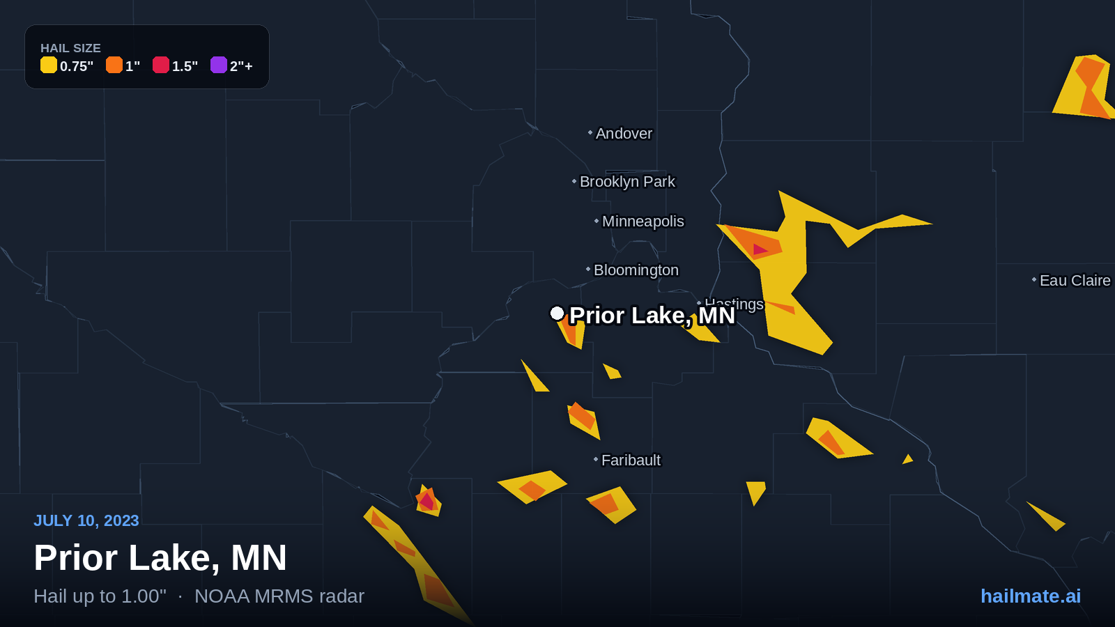 Hail swath map for Prior Lake, MN on July 10, 2023 showing 1.00 inch hail.