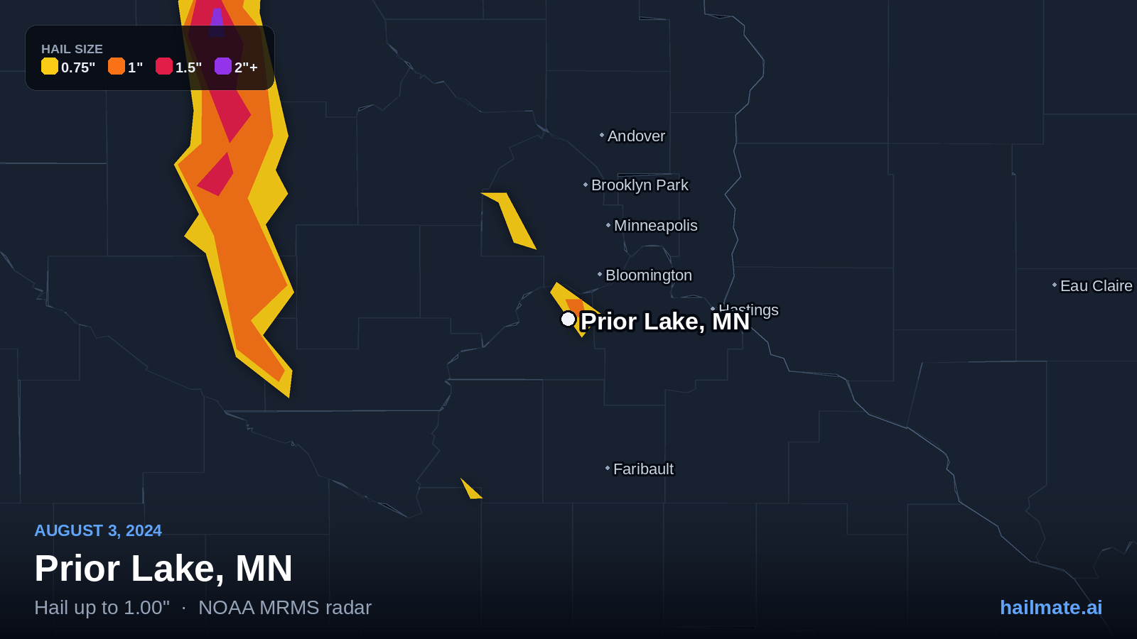 Hail swath map for Prior Lake, MN on August 3, 2024 showing 1.00 inch hail.