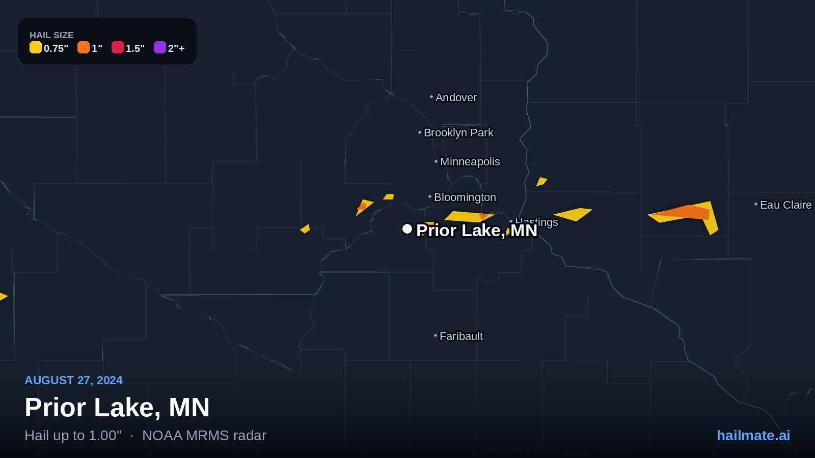 Hail swath map for Prior Lake, MN on August 27, 2024 showing 1.00 inch hail.
