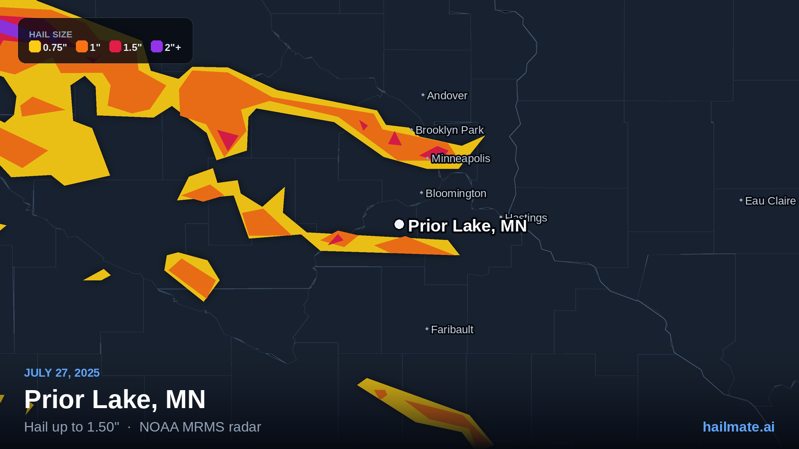 Hail swath map for Prior Lake, MN on July 27, 2025 showing 1.50 inch hail.