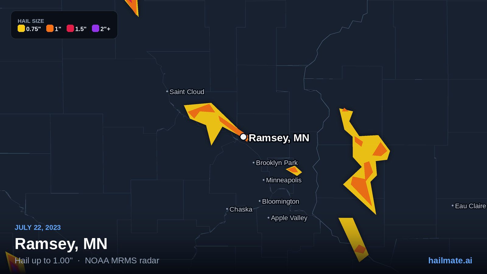 Hail swath map for Ramsey, MN on July 22, 2023 showing 1.00 inch hail.