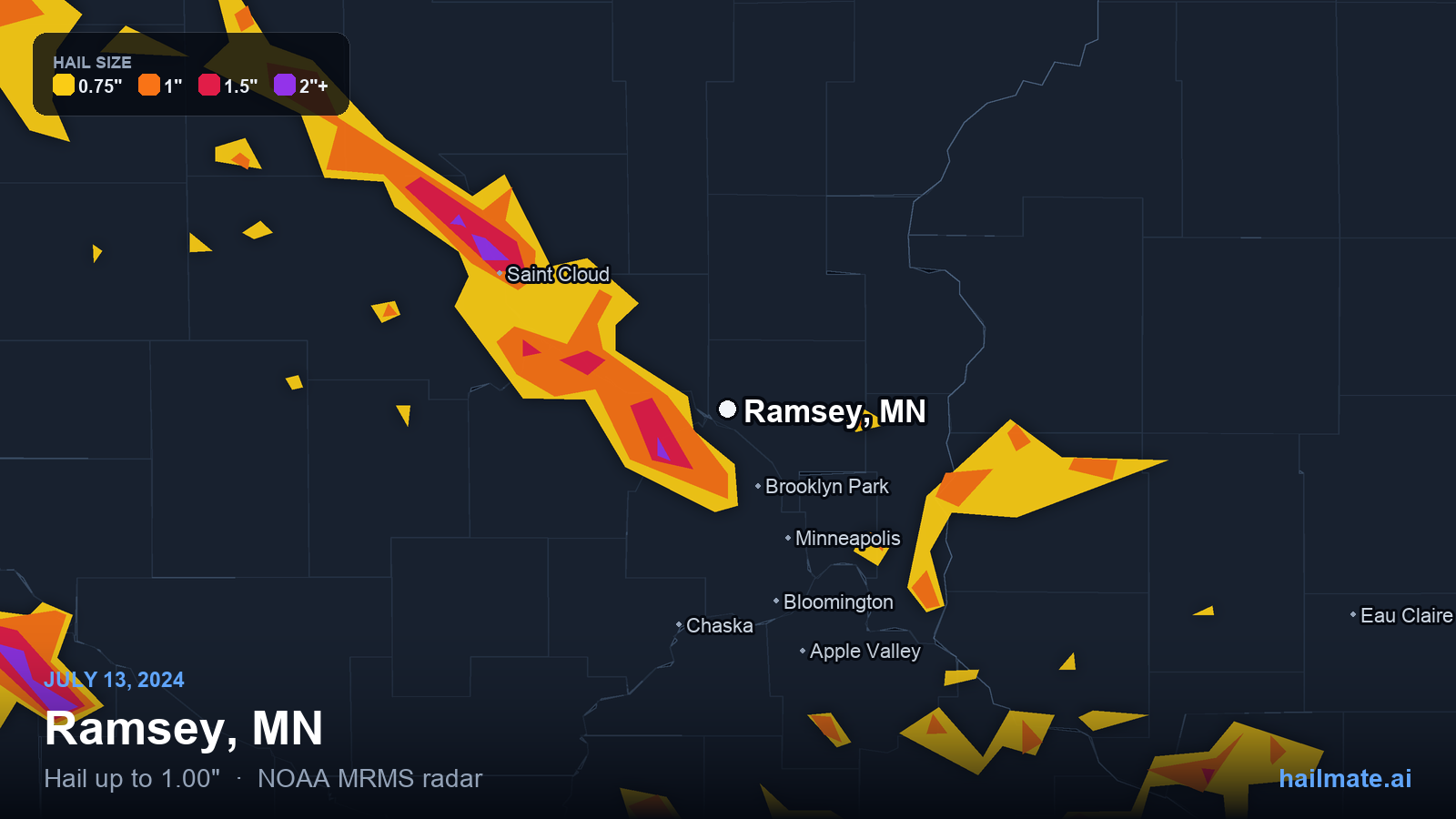 Hail swath map for Ramsey, MN on July 13, 2024 showing 1.00 inch hail.