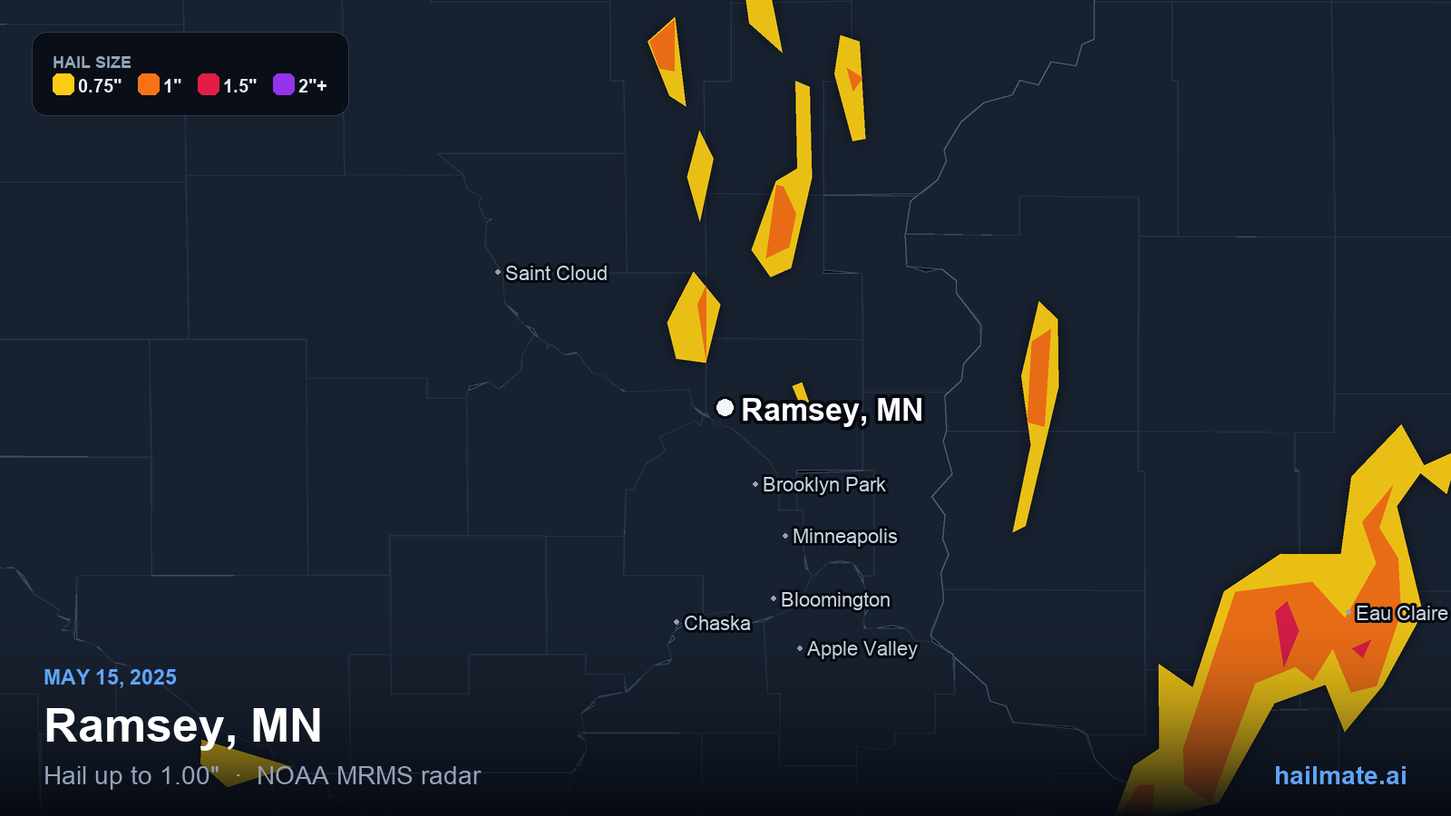 Hail swath map for Ramsey, MN on May 15, 2025 showing 1.00 inch hail.