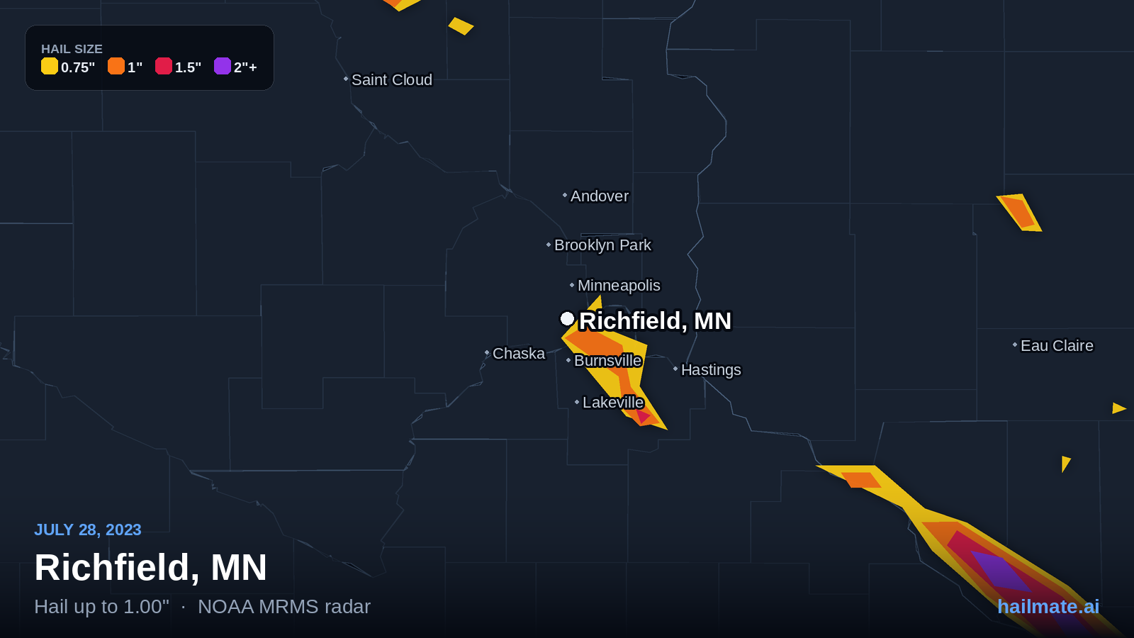 Hail swath map for Richfield, MN on July 28, 2023 showing 1.00 inch hail.