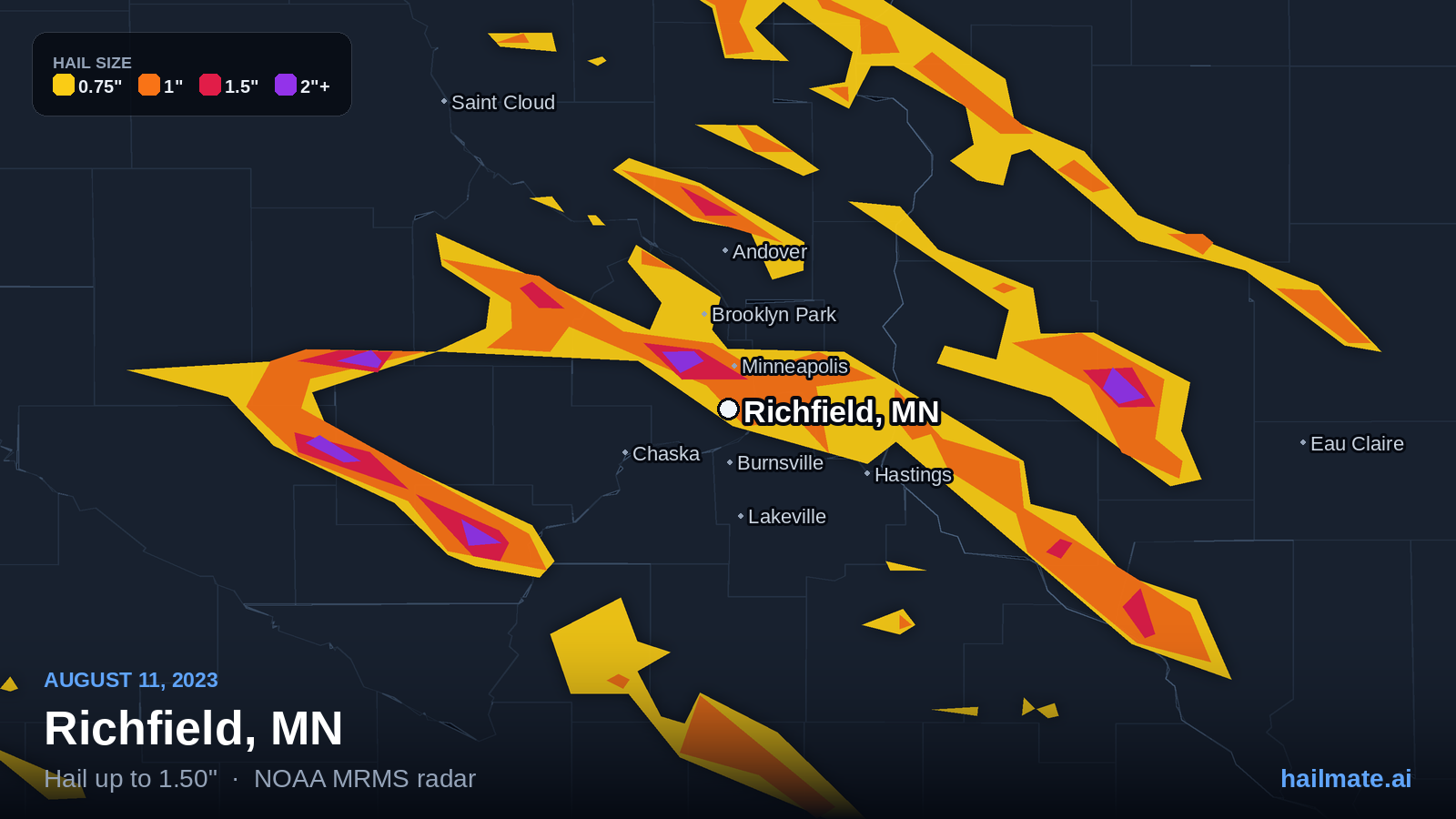 Hail swath map for Richfield, MN on August 11, 2023 showing 1.50 inch hail.