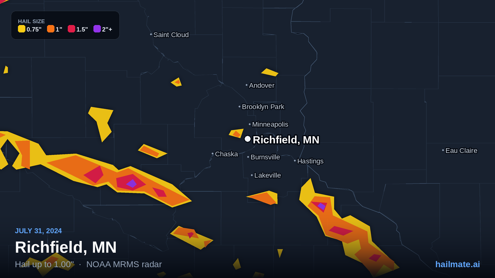 Hail swath map for Richfield, MN on July 31, 2024 showing 1.00 inch hail.