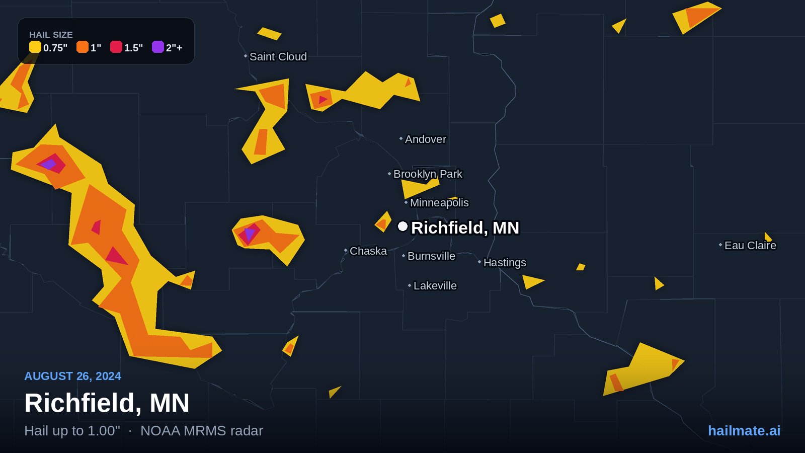 Hail swath map for Richfield, MN on August 26, 2024 showing 1.00 inch hail.
