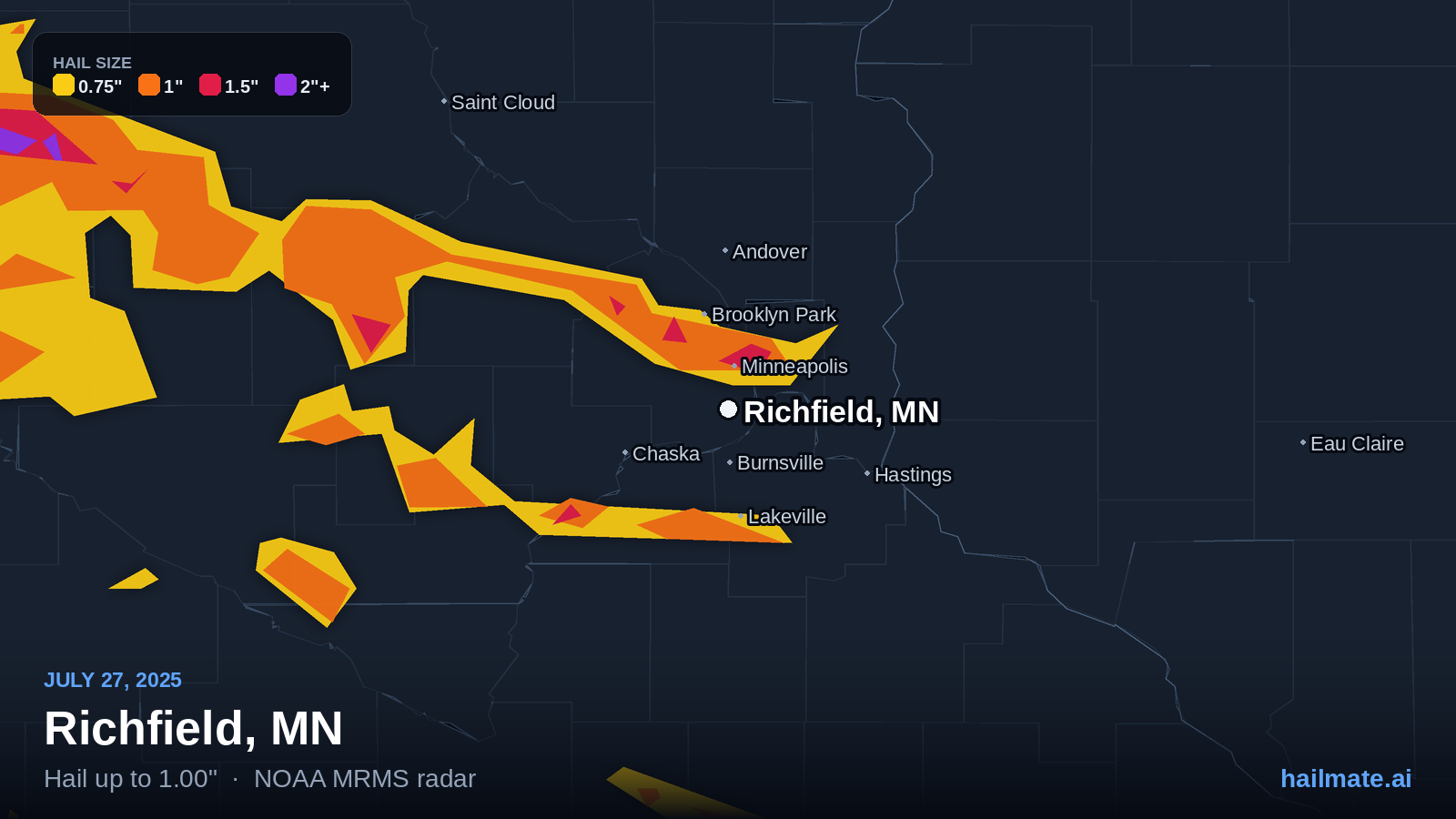 Hail swath map for Richfield, MN on July 27, 2025 showing 1.00 inch hail.