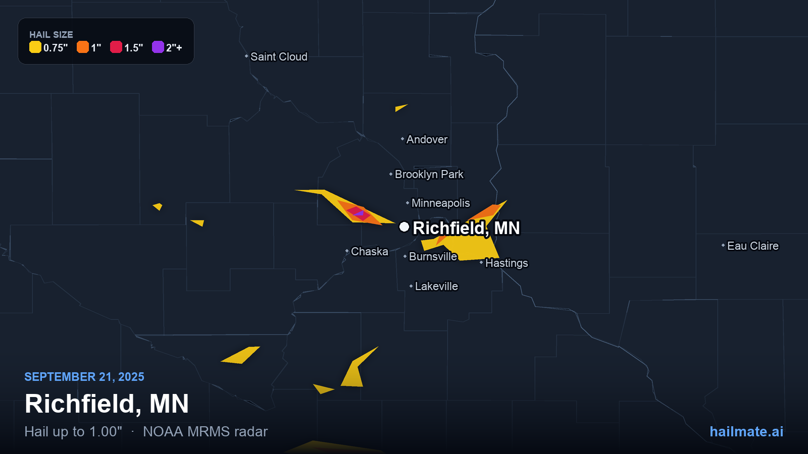 Hail swath map for Richfield, MN on September 21, 2025 showing 1.00 inch hail.