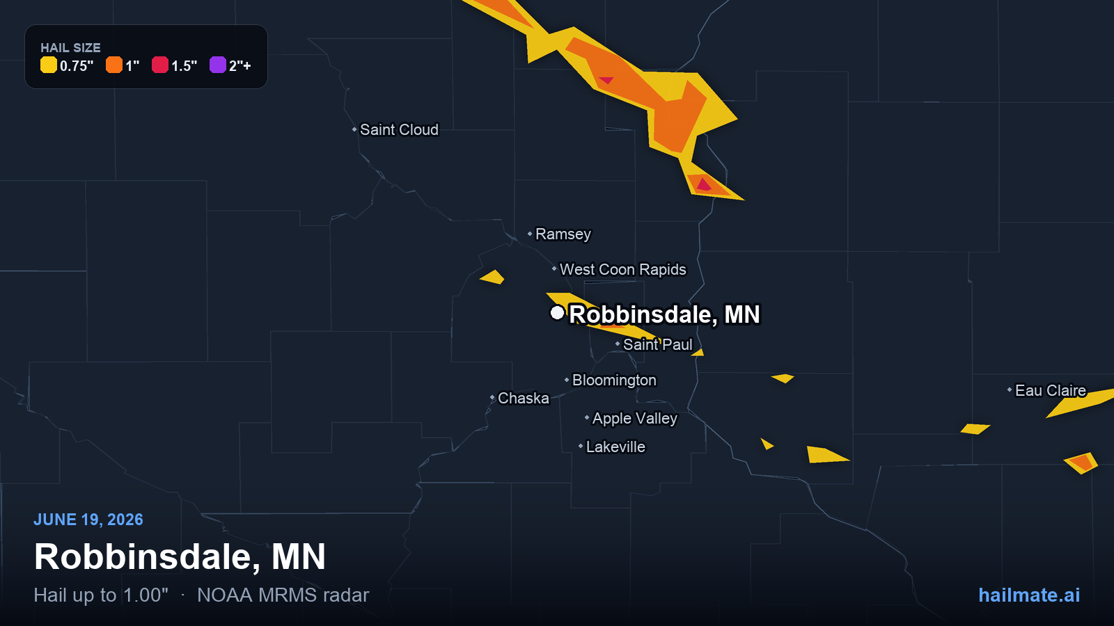 Hail swath map for Robbinsdale, MN on June 19, 2026 showing 1.00 inch hail.