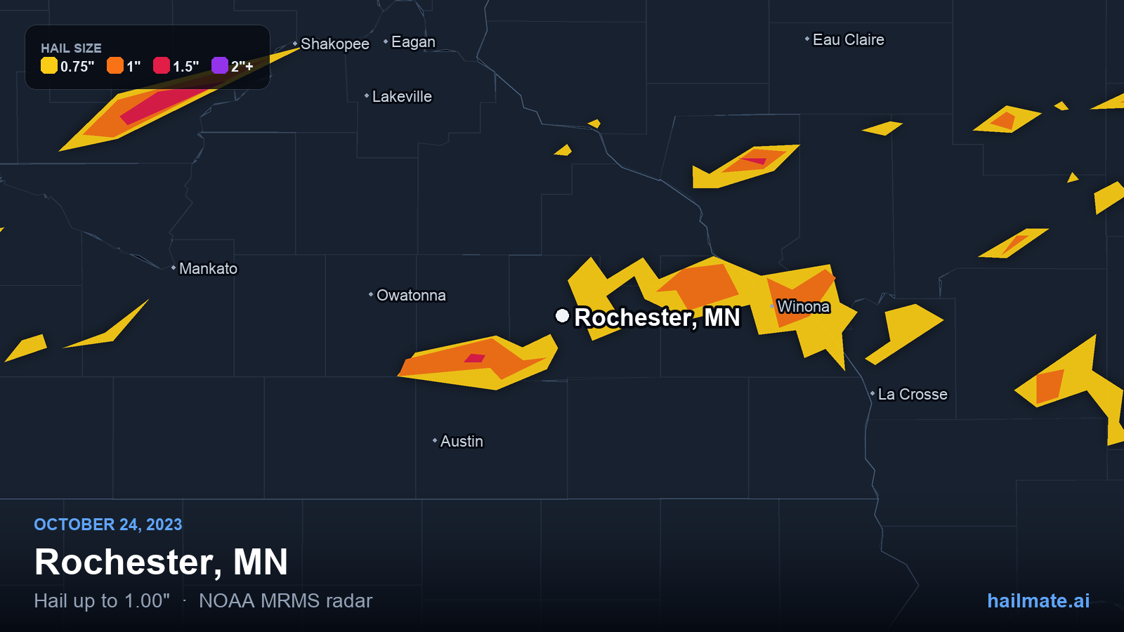 Hail swath map for Rochester, MN on October 24, 2023 showing 1.00 inch hail.