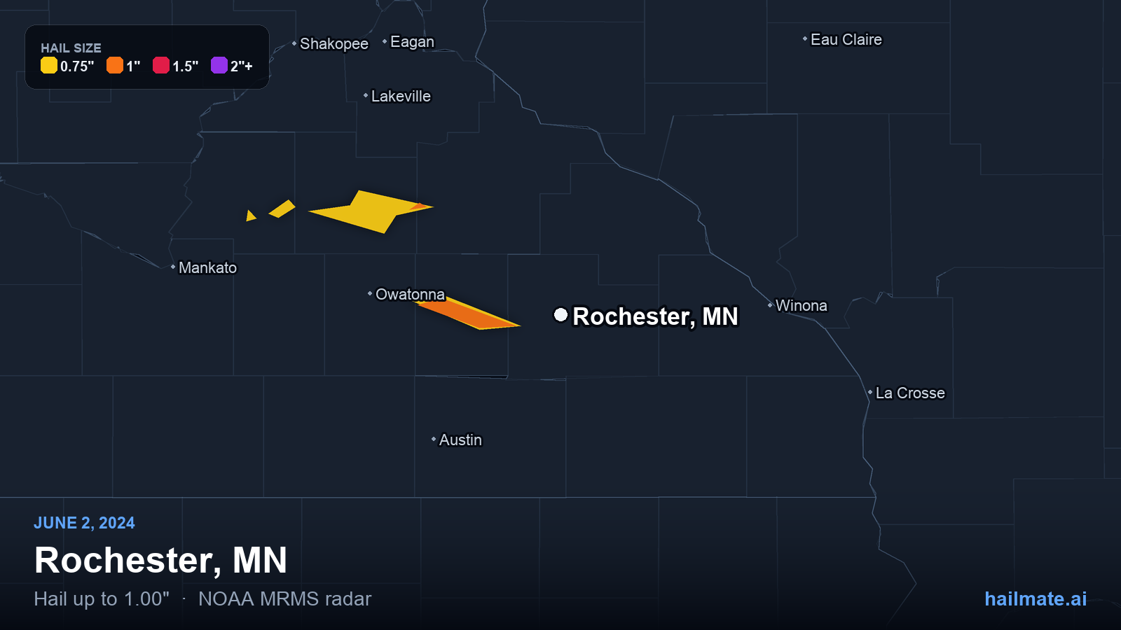 Hail swath map for Rochester, MN on June 2, 2024 showing 1.00 inch hail.