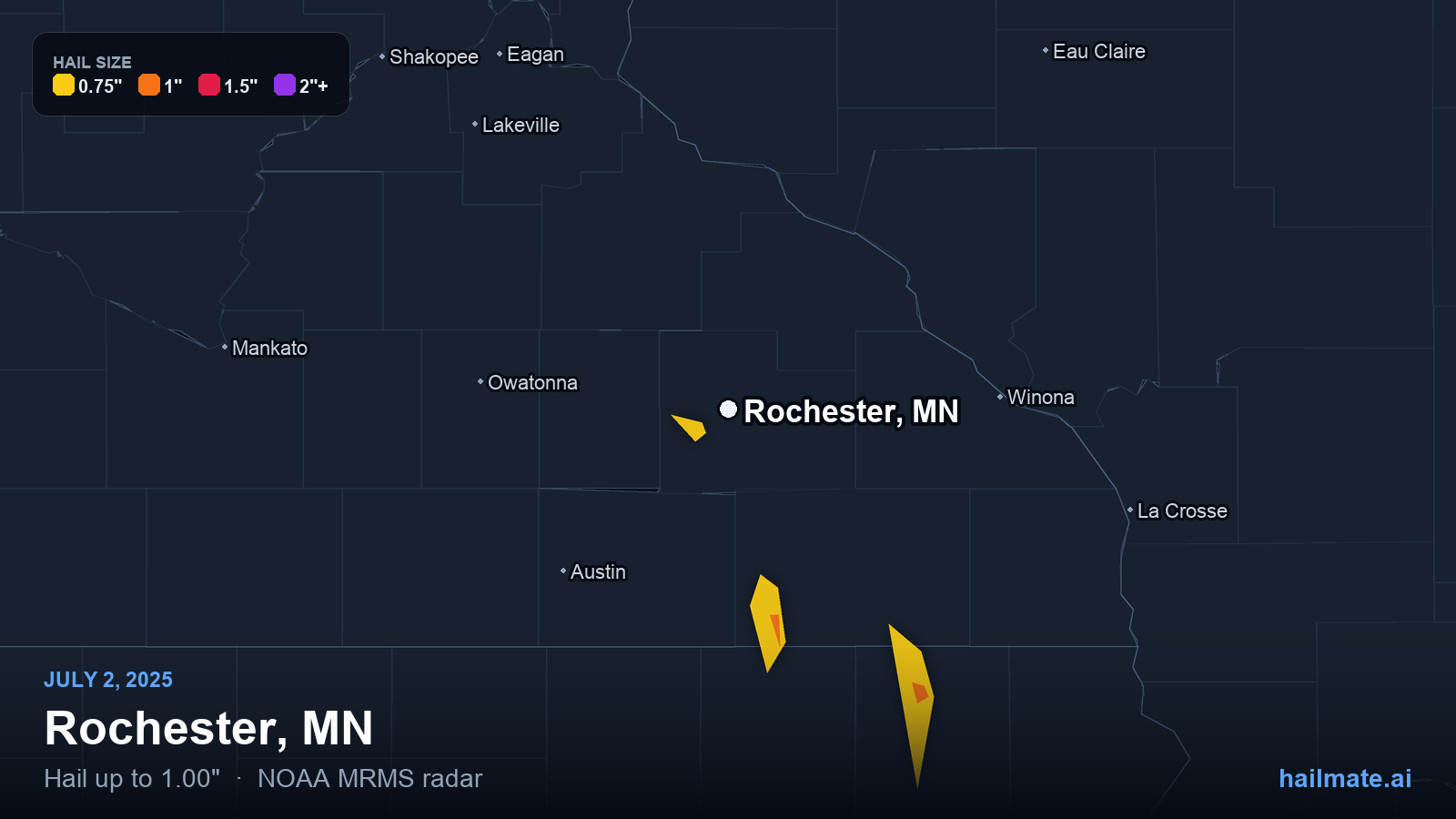 Hail swath map for Rochester, MN on July 2, 2025 showing 1.00 inch hail.