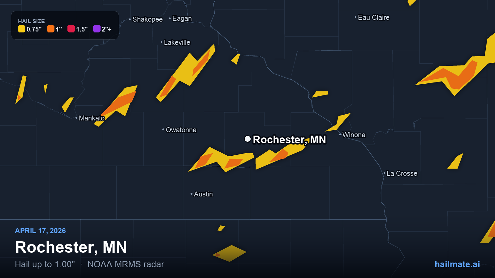 Hail swath map for Rochester, MN on April 17, 2026 showing 1.00 inch hail.