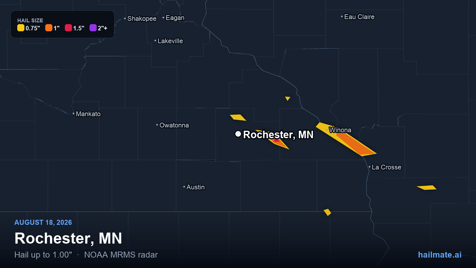 Hail swath map for Rochester, MN on August 18, 2026 showing 1.00 inch hail.