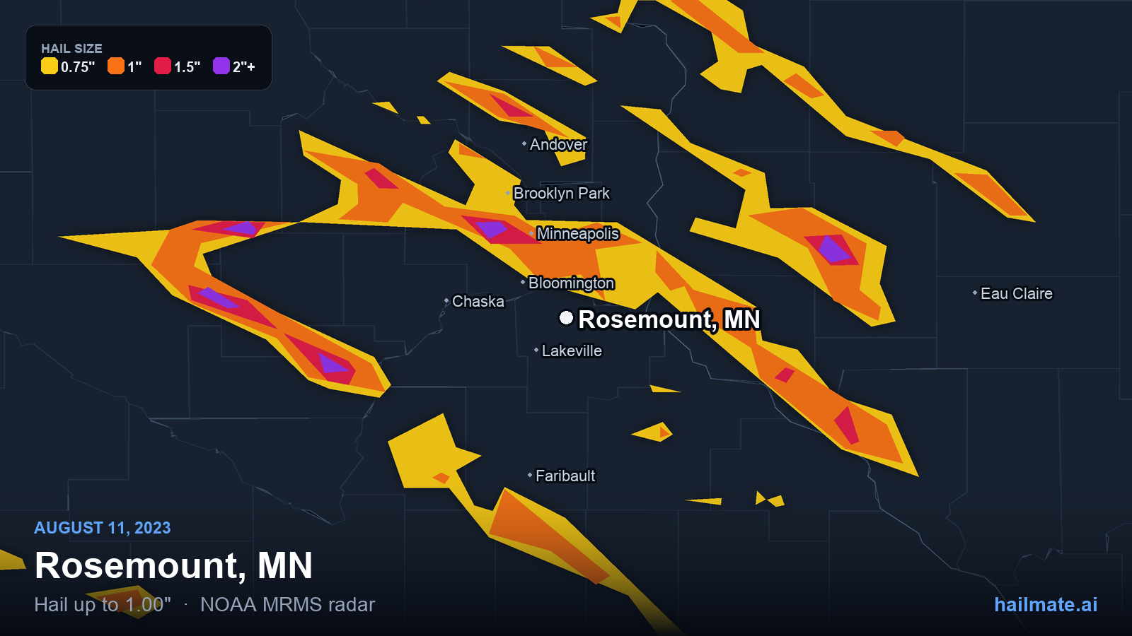 Hail swath map for Rosemount, MN on August 11, 2023 showing 1.00 inch hail.