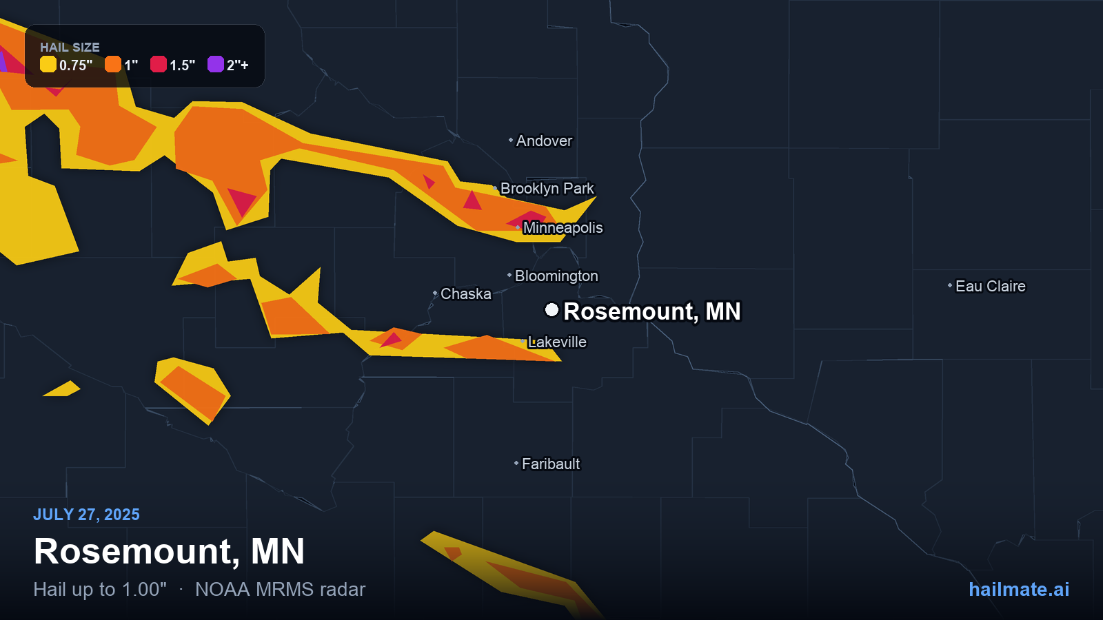 Hail swath map for Rosemount, MN on July 27, 2025 showing 1.00 inch hail.