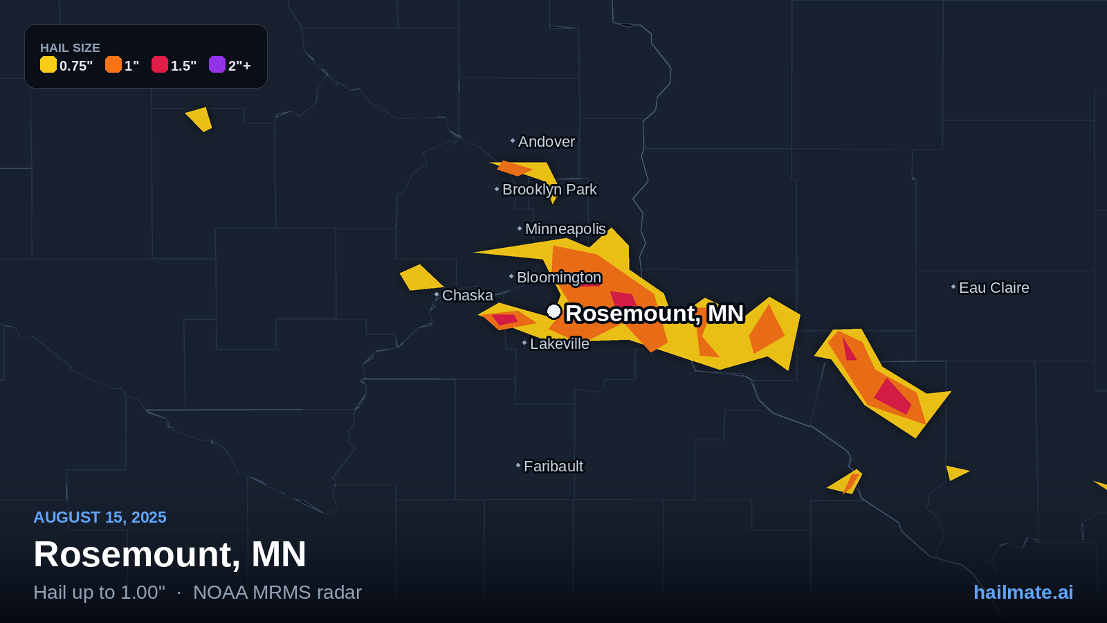 Hail swath map for Rosemount, MN on August 15, 2025 showing 1.00 inch hail.
