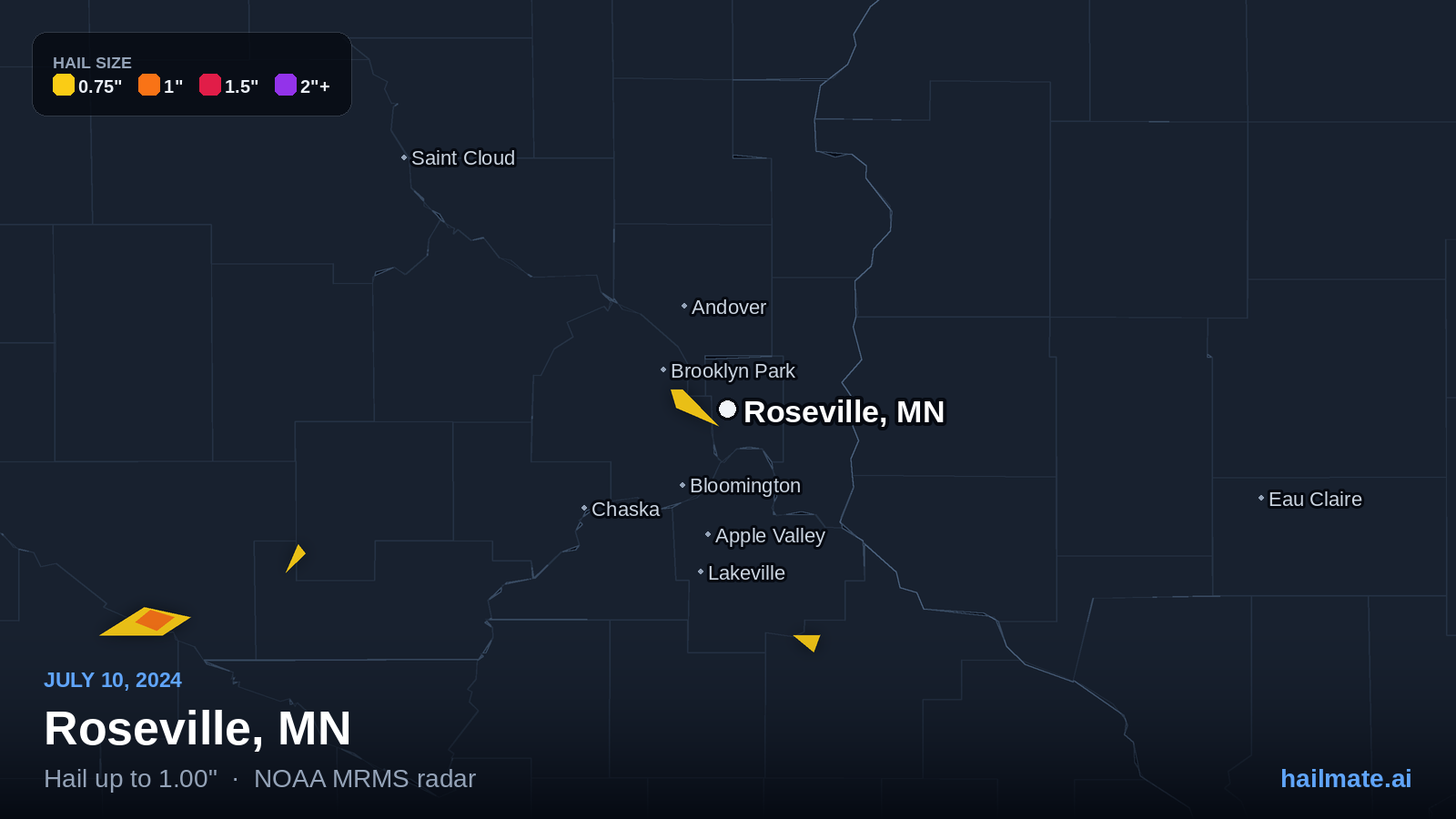 Hail swath map for Roseville, MN on July 10, 2024 showing 1.00 inch hail.