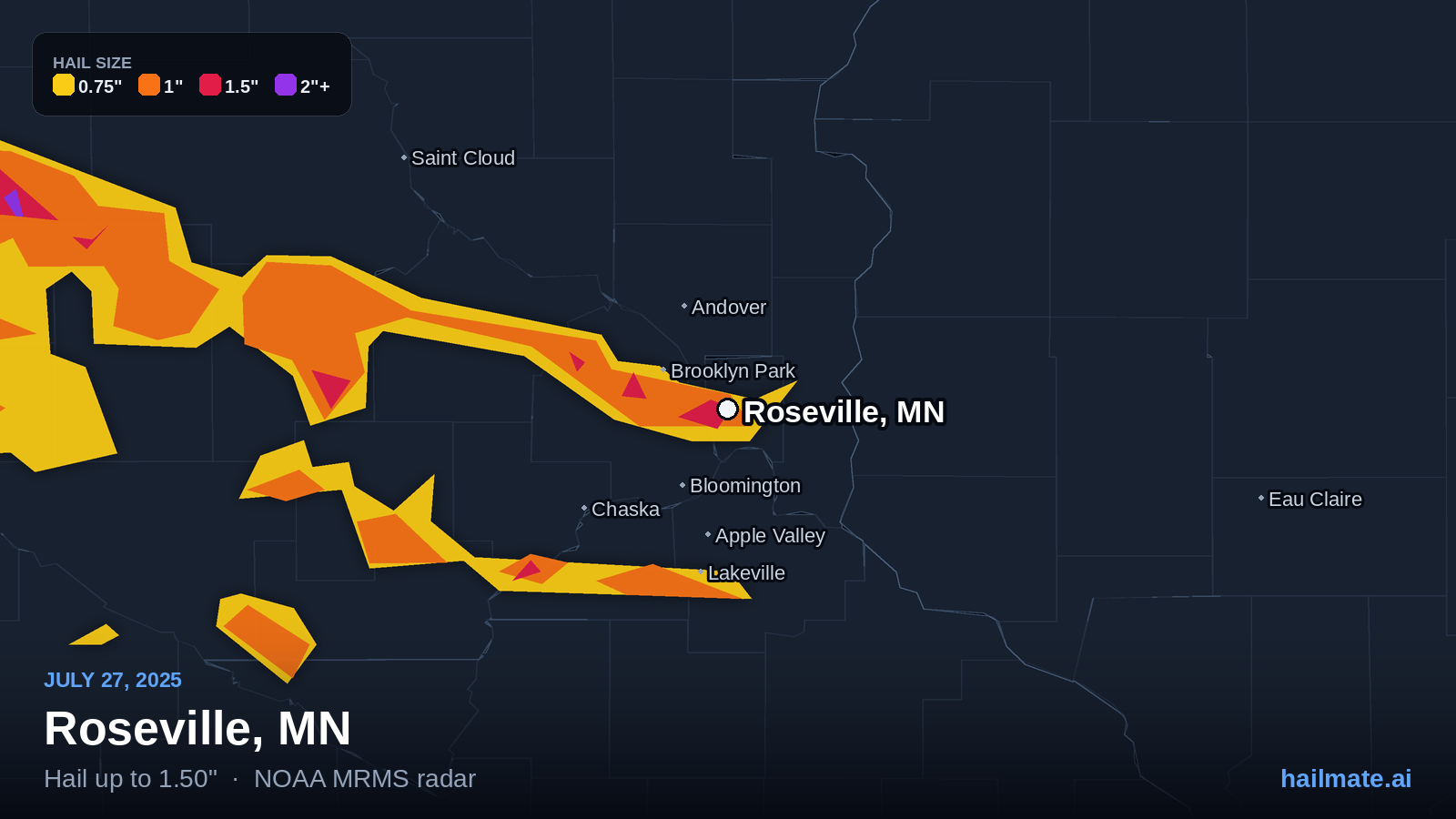 Hail swath map for Roseville, MN on July 27, 2025 showing 1.50 inch hail.