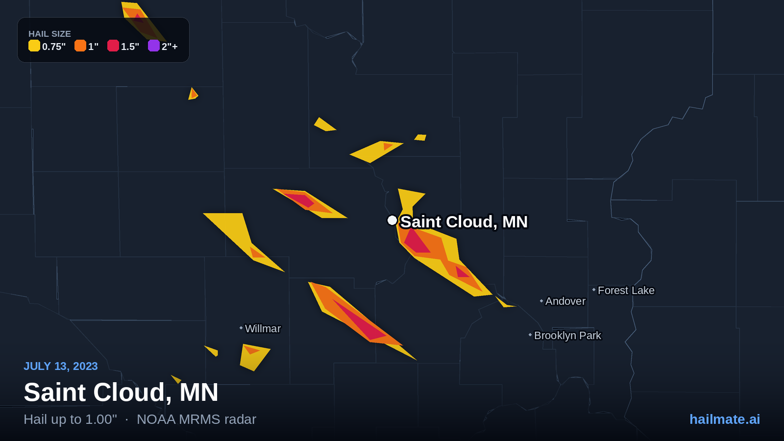 Hail swath map for Saint Cloud, MN on July 13, 2023 showing 1.00 inch hail.