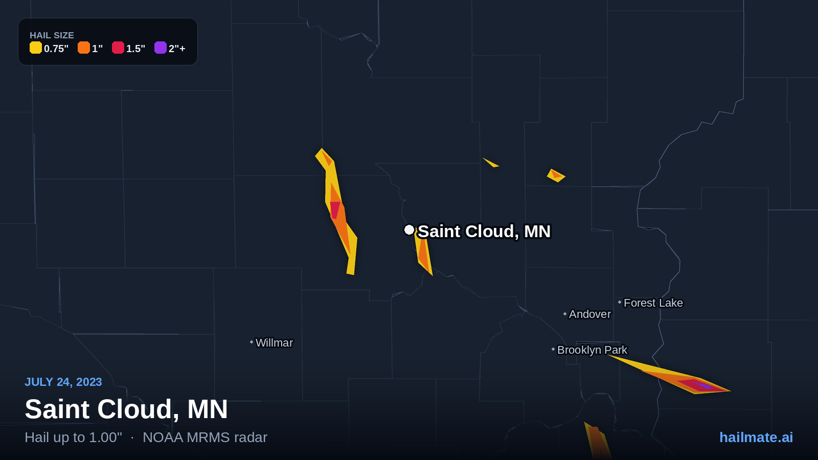 Hail swath map for Saint Cloud, MN on July 24, 2023 showing 1.00 inch hail.