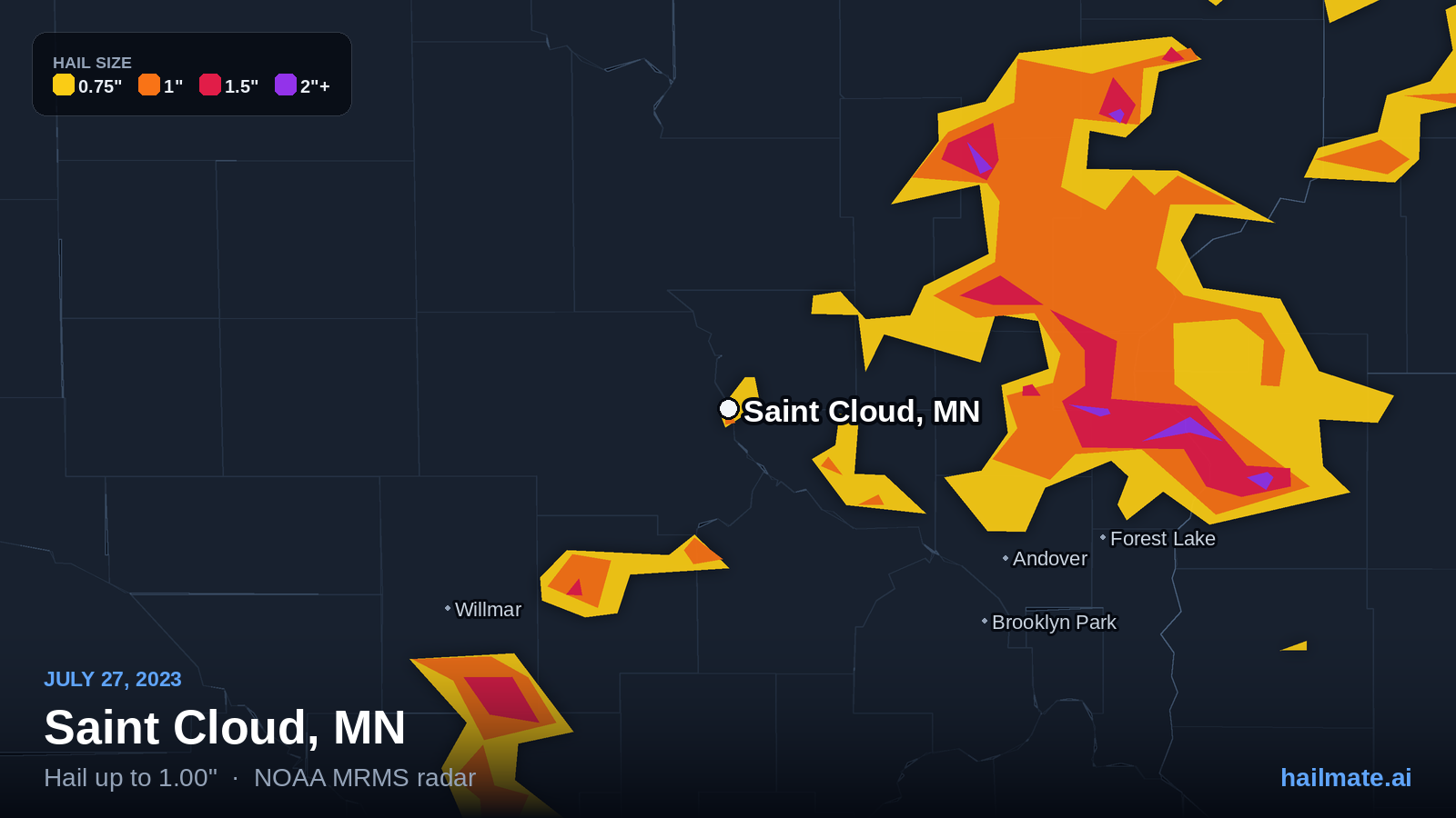 Hail swath map for Saint Cloud, MN on July 27, 2023 showing 1.00 inch hail.
