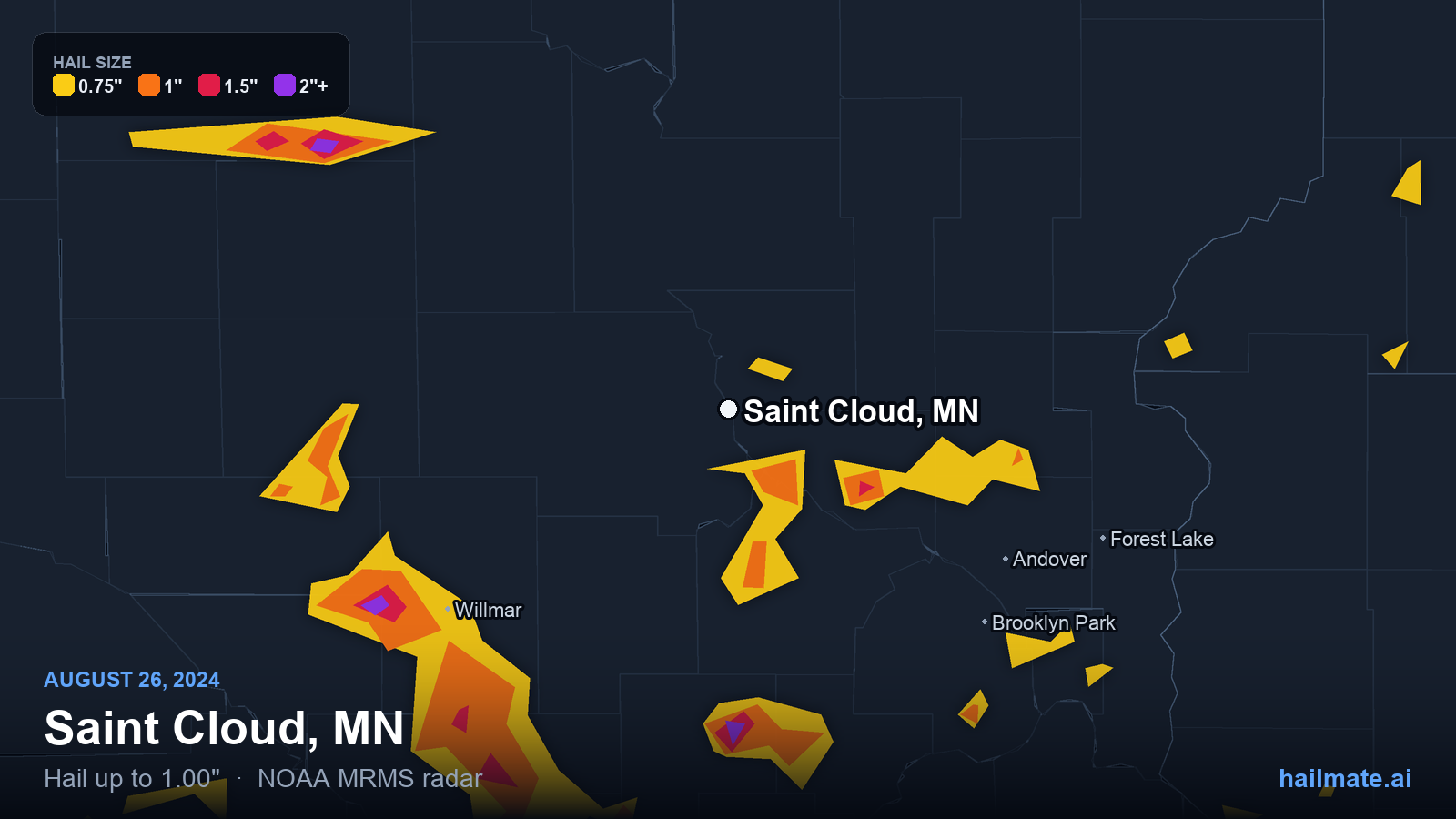Hail swath map for Saint Cloud, MN on August 26, 2024 showing 1.00 inch hail.