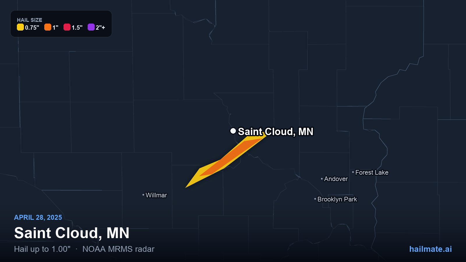 Hail swath map for Saint Cloud, MN on April 28, 2025 showing 1.00 inch hail.