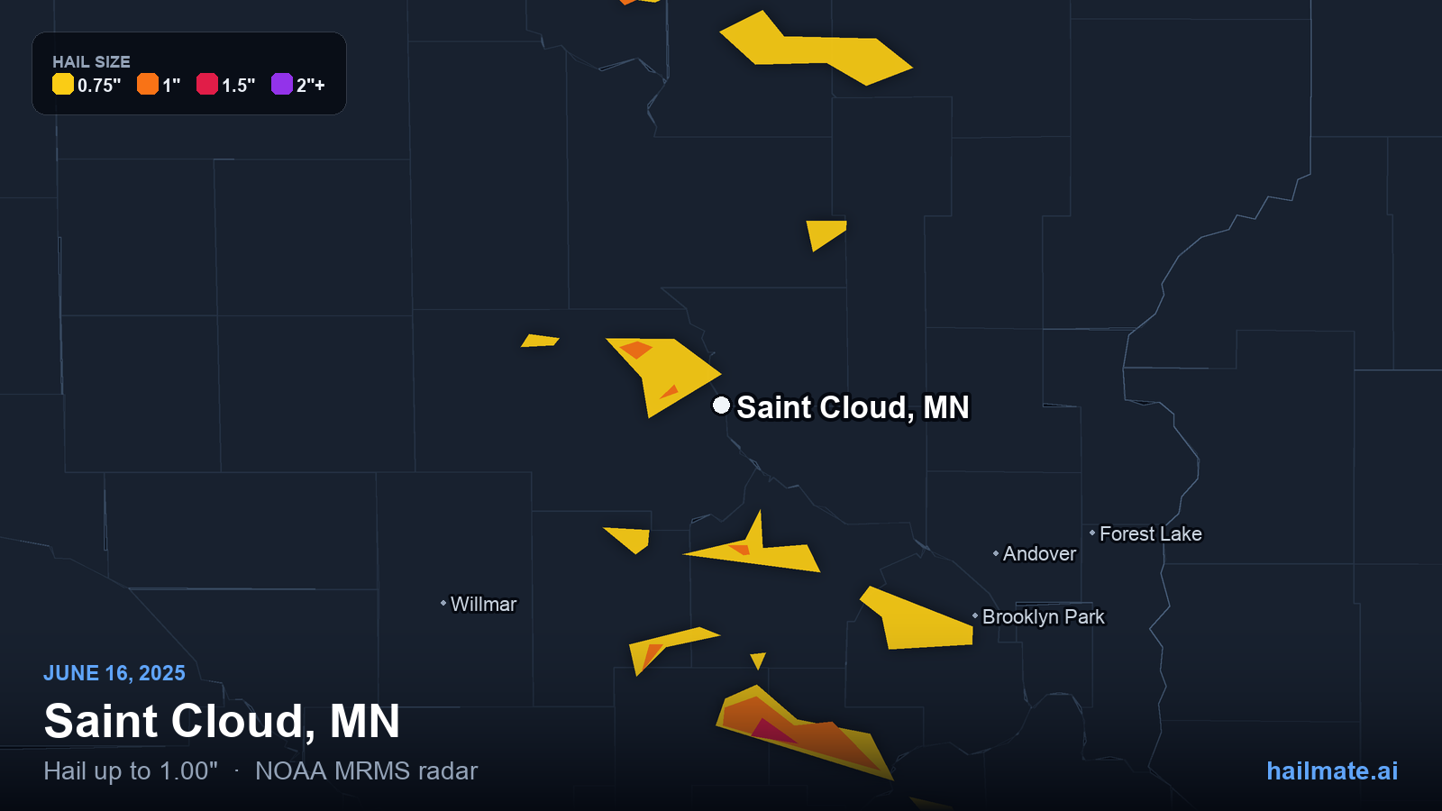 Hail swath map for Saint Cloud, MN on June 16, 2025 showing 1.00 inch hail.