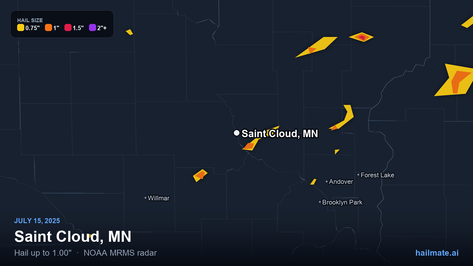 Hail swath map for Saint Cloud, MN on July 15, 2025 showing 1.00 inch hail.