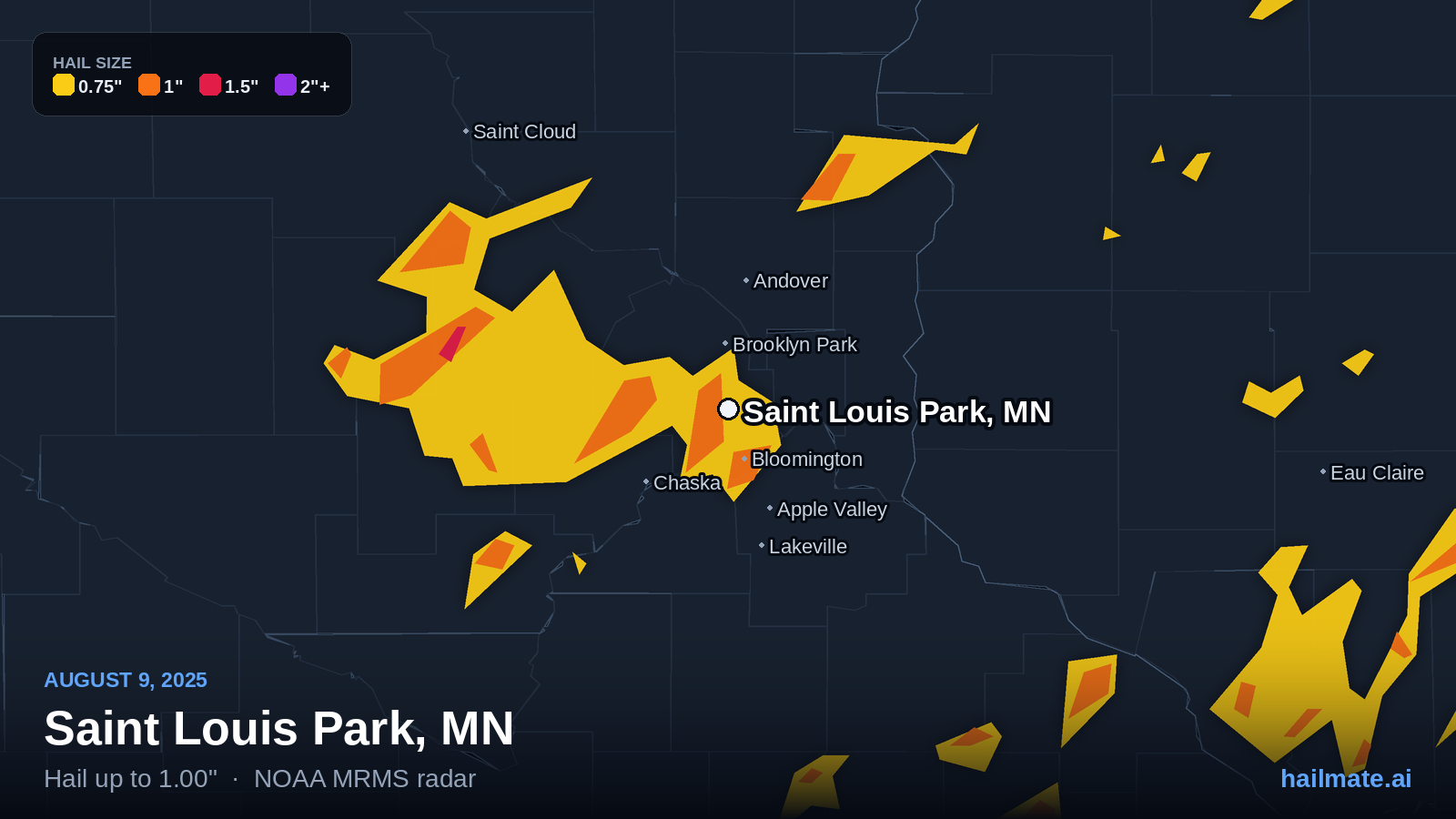 Hail swath map for Saint Louis Park, MN on August 9, 2025 showing 1.00 inch hail.