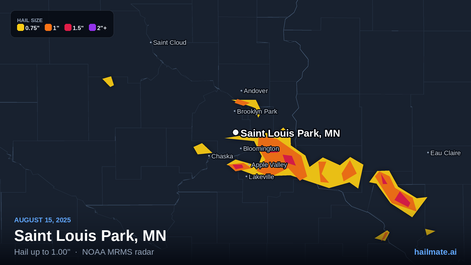 Hail swath map for Saint Louis Park, MN on August 15, 2025 showing 1.00 inch hail.